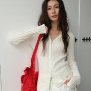 V-neck Zippered Slim-fit Figure-flattering Womens Knitted Shirt
