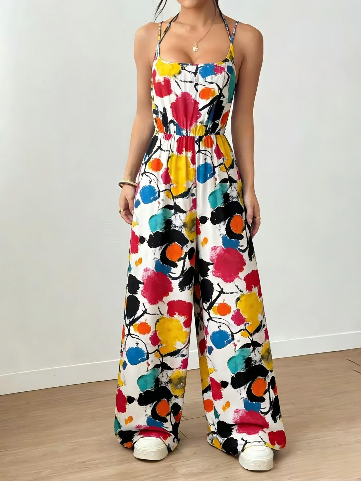 Women's Leopard-Print Strappy Wide-Leg Jumpsuit
