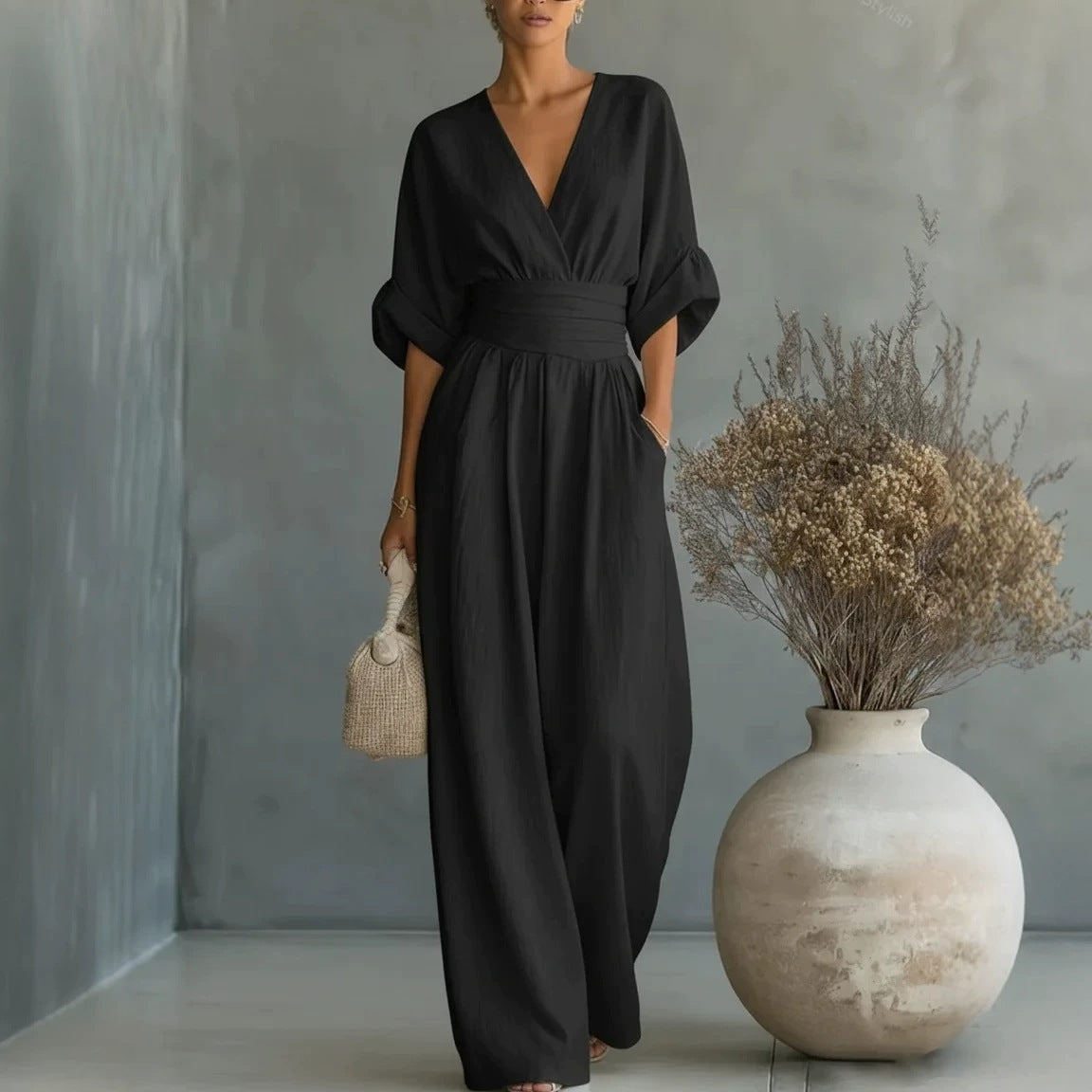 Women's Casual V-Neck Wide-Leg Summer Jumpsuit