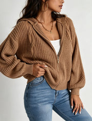 Autumn Womens Fallwinter Hooded Sweater Cardigan Solid-color Knitted Outerwear Top