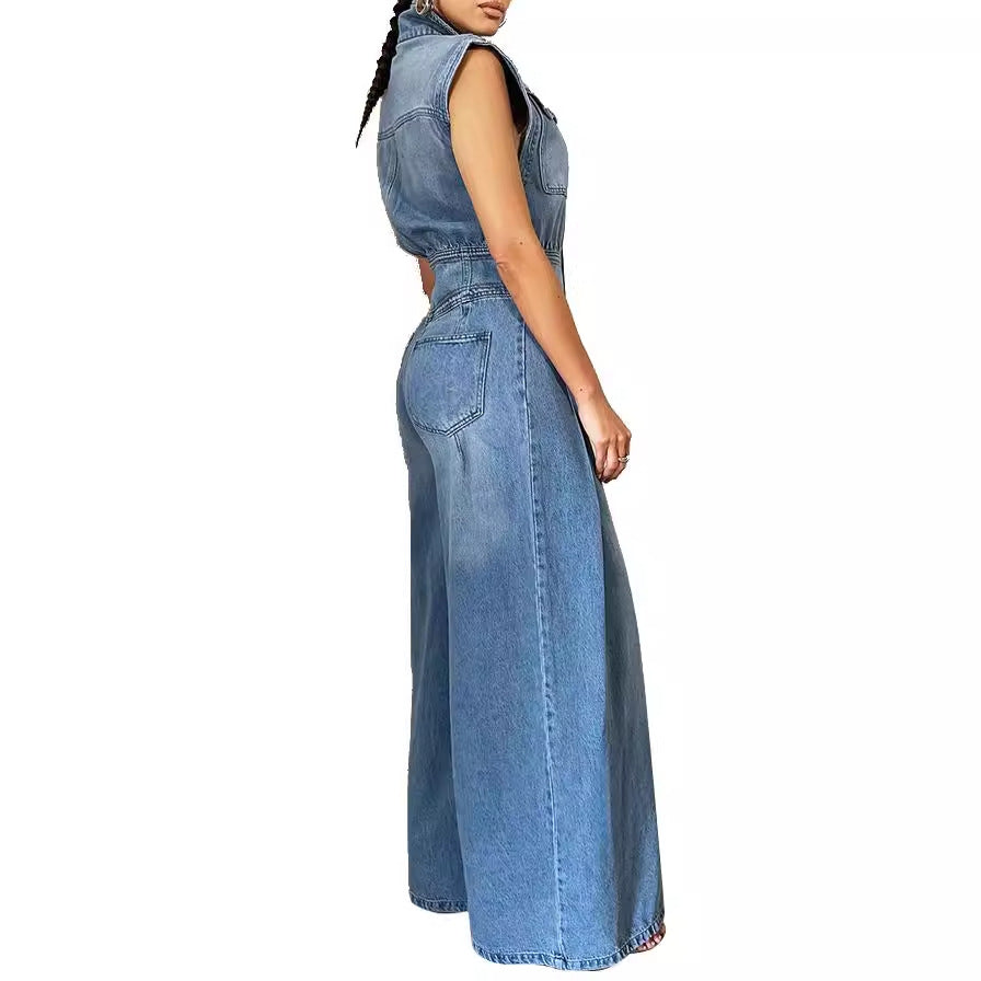 Washed Denim Sleeveless Wide-Leg Romper