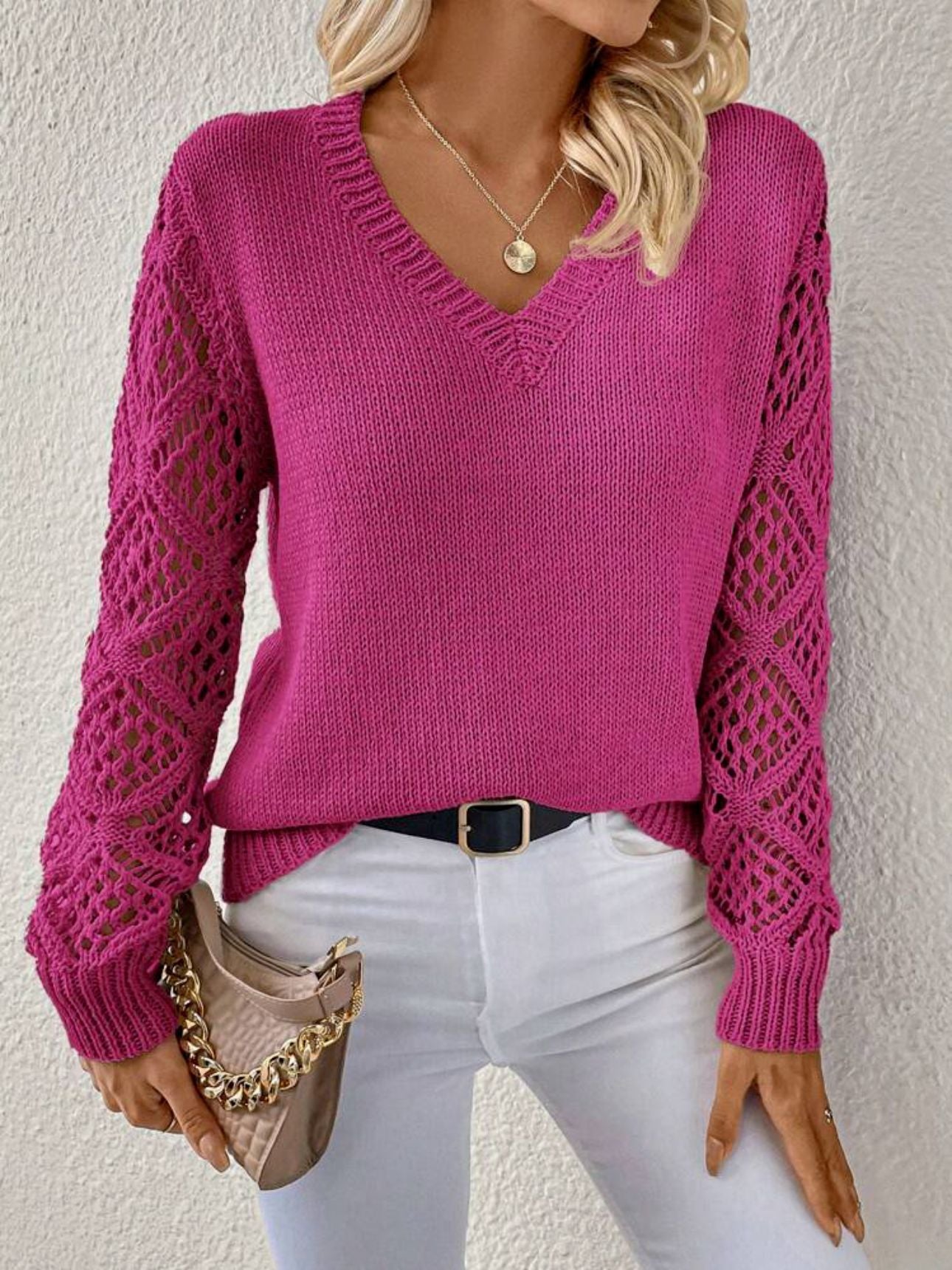 Women's Hollow V-Neck Long Sleeve Pullover Fashion Sweater