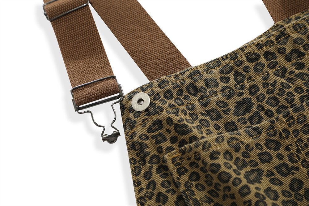 Men's High Street Leopard Print Denim Suspender Pants