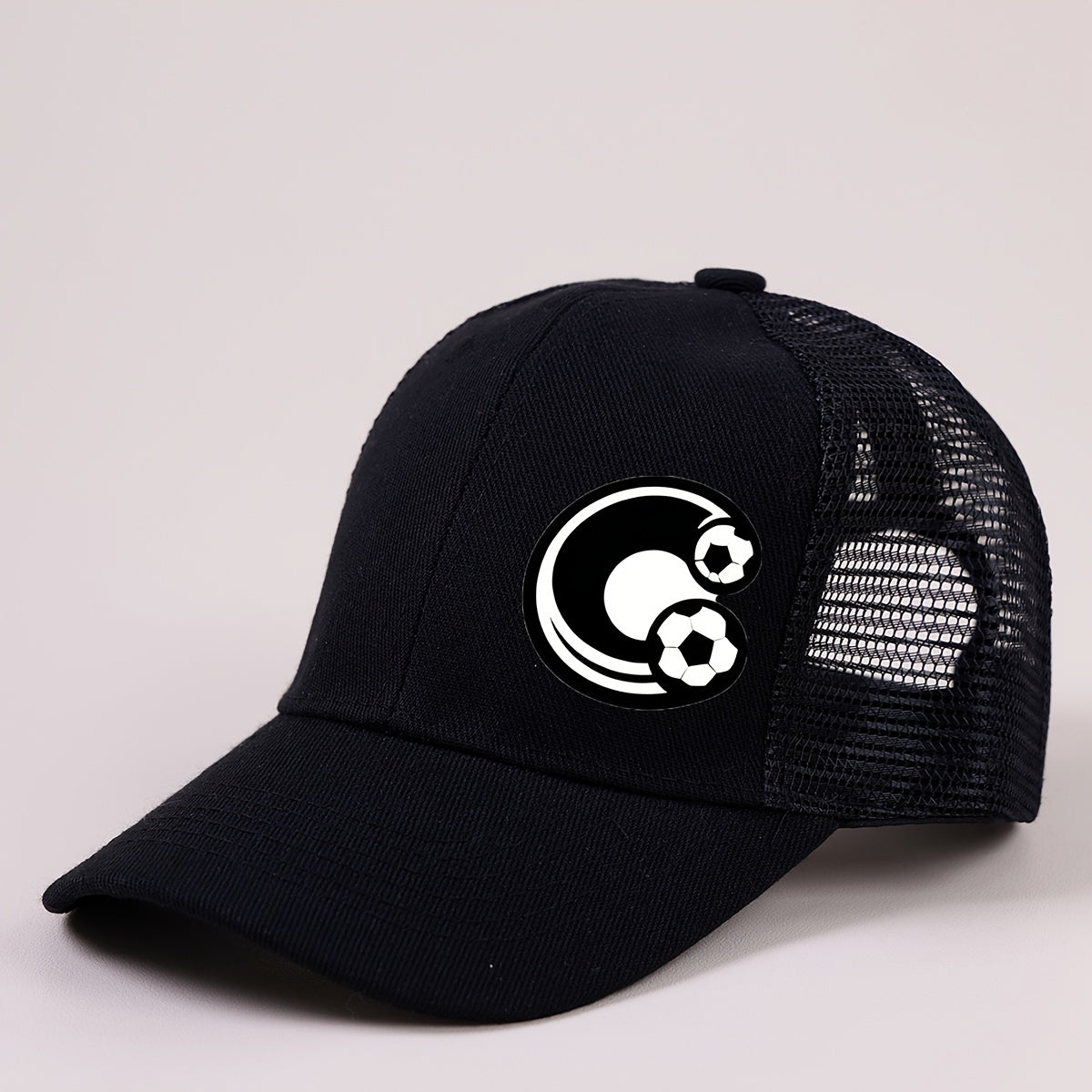 Boys Mesh Baseball Cap with A‑Z Letter and Soccer Ball Print, Unisex Sunvisor, Black