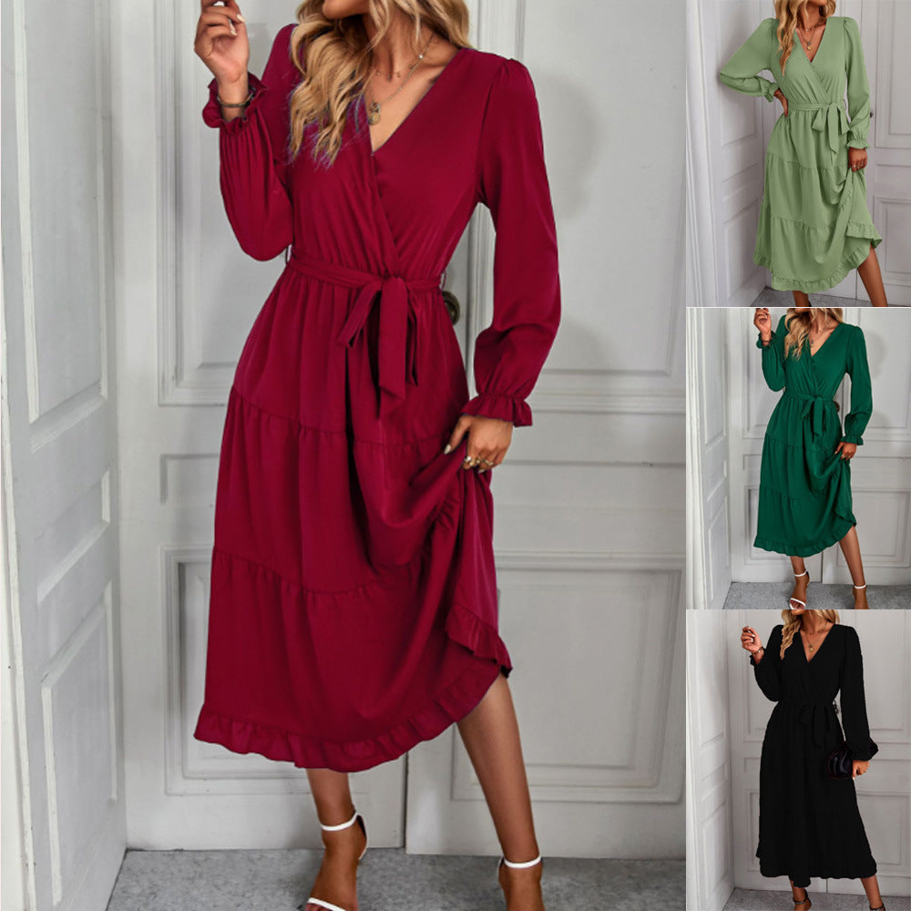Womens Solid-color Casual Long Dress with a Flared Hem