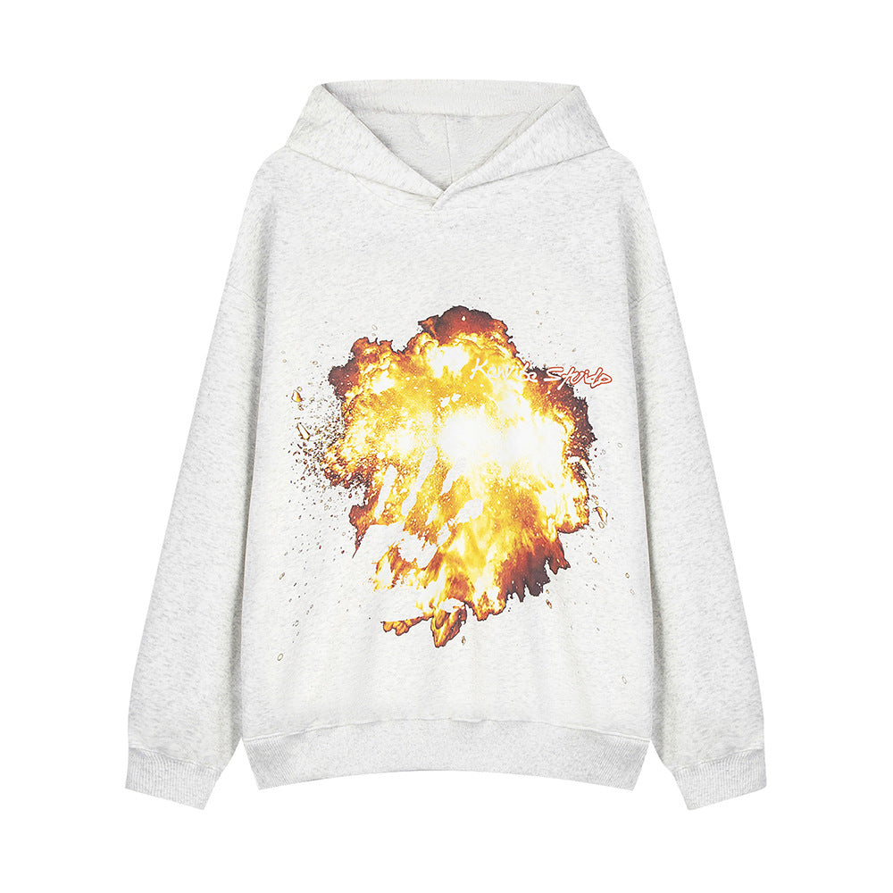 Unisex Flame Print Streetwear Hoodie | Casual Loose Pullover