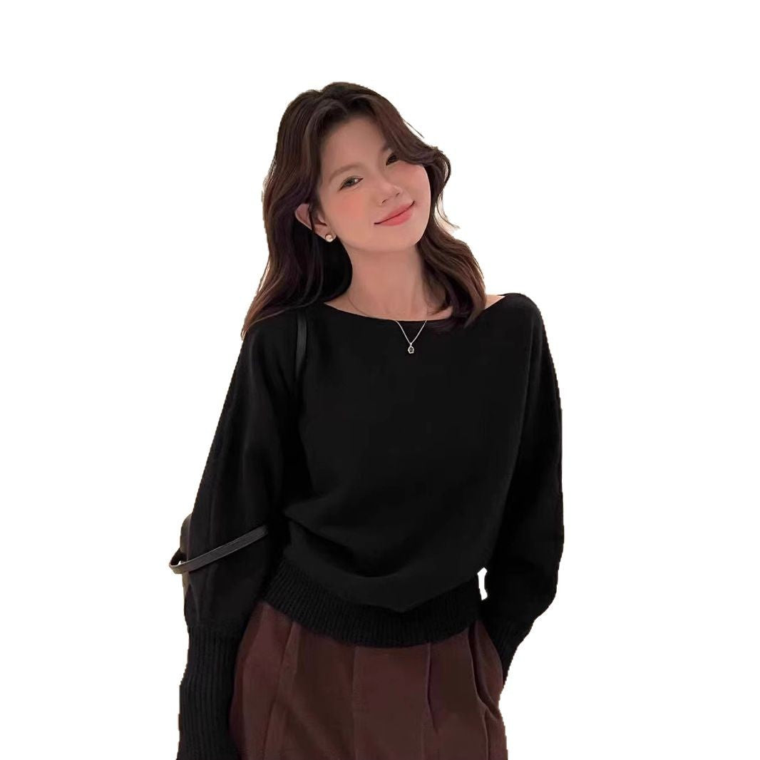 Korean-style Elegant Red Long-sleeve Knit Top with a Slanted Shoulder Design