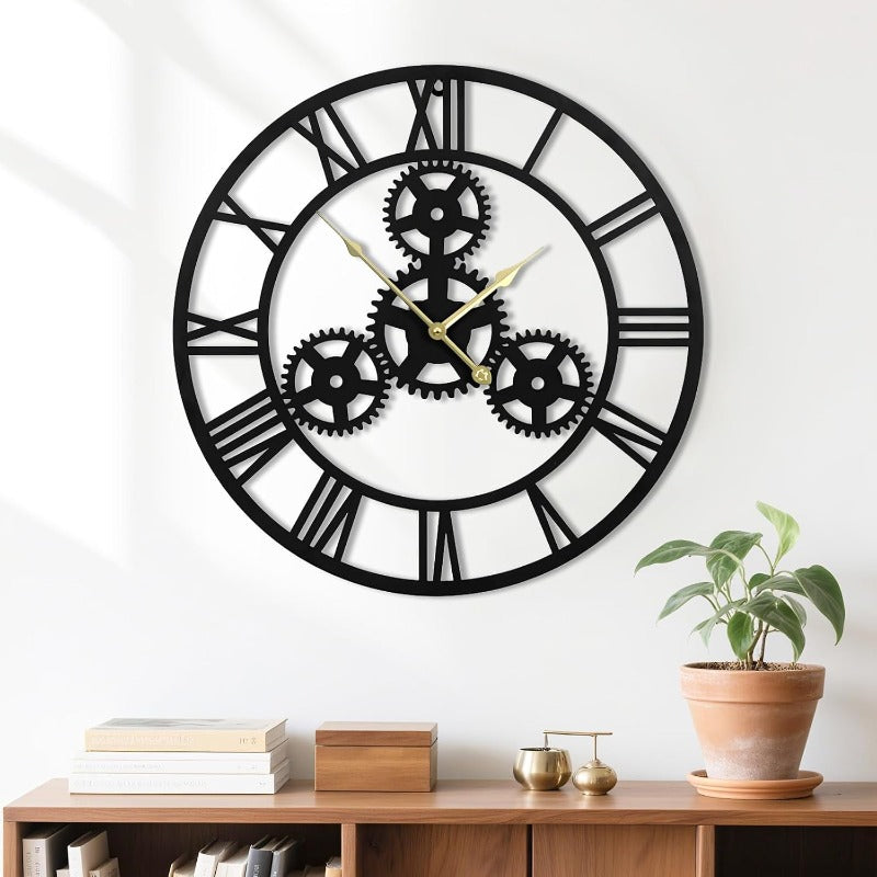 20inches/50cm Modern Vintage Oversized Wall Clock with Roman Numerals - Silent Non-Ticking Battery Operated Large & Golden Hands, Frame & Golden Hands
