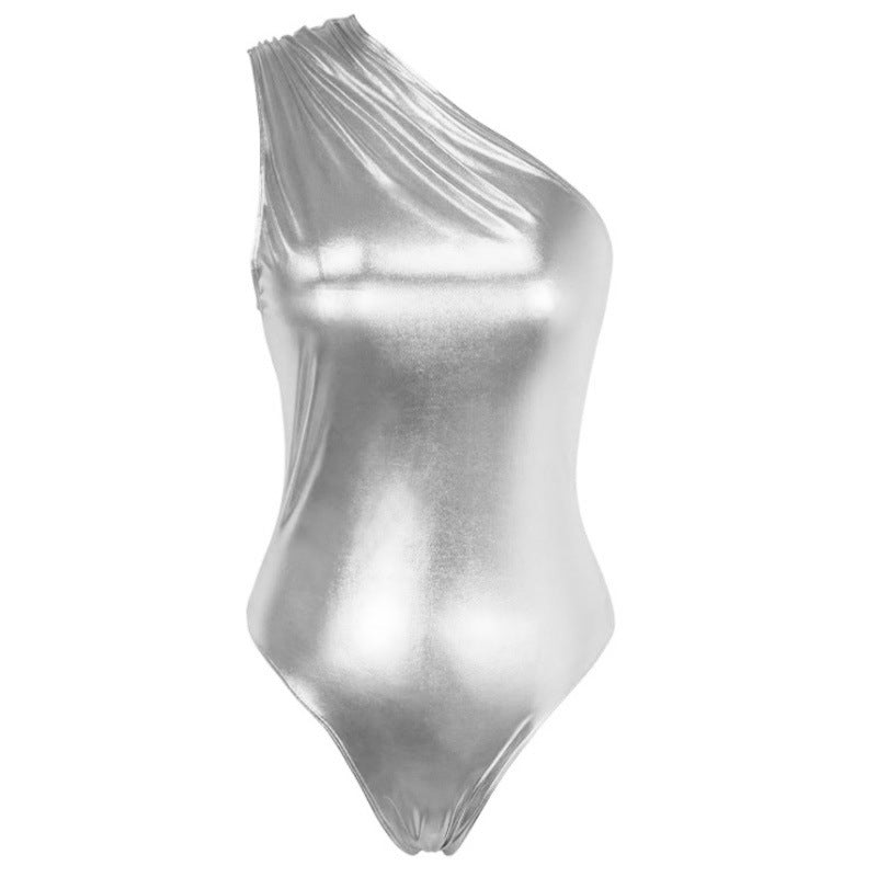 Women's Retro Metallic One-Shoulder Party Jumpsuit