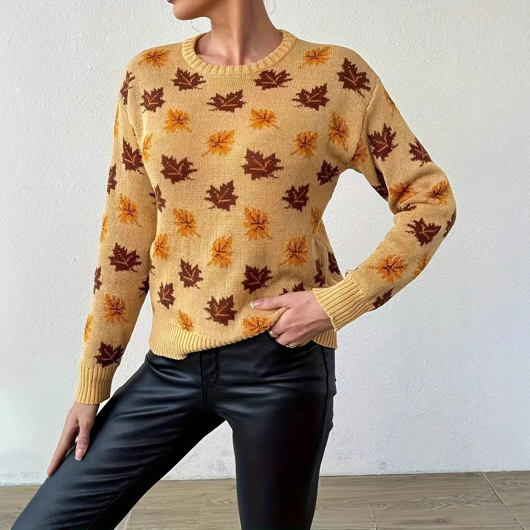 Maple Leaf Round Neck Loose Woolen Pullover Top