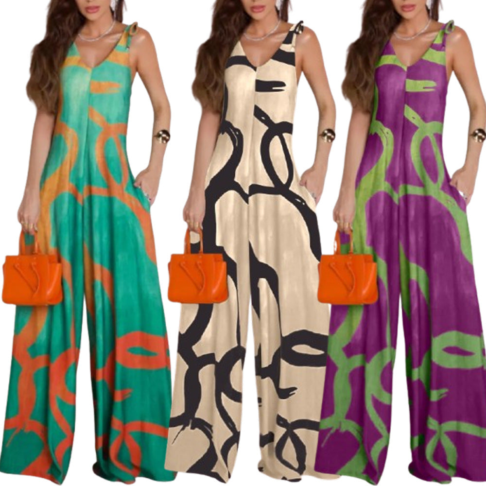Boho Printed V-Neck Wide-Leg Romper with Pockets