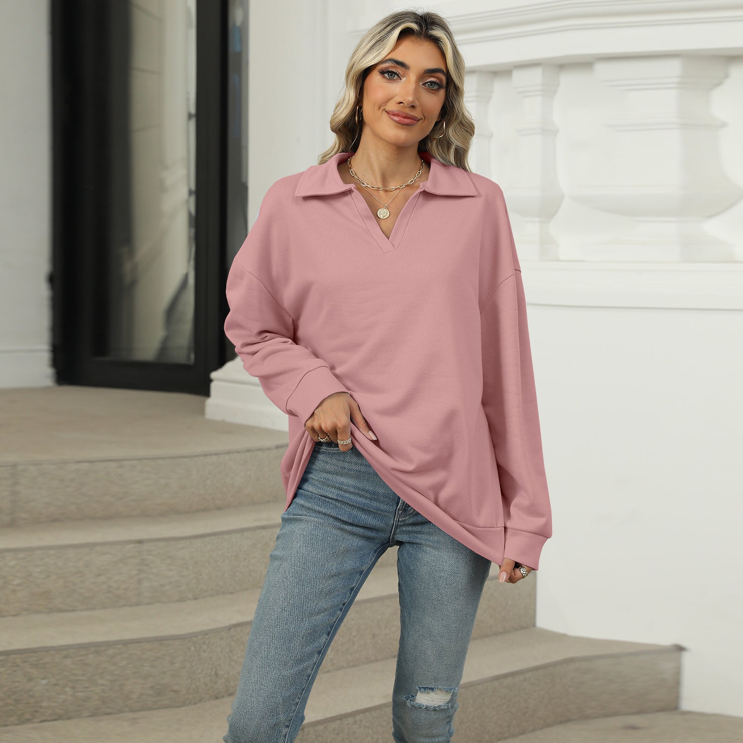 Casual V-Neck Lapel Long-Sleeve Pullover Sweatshirt
