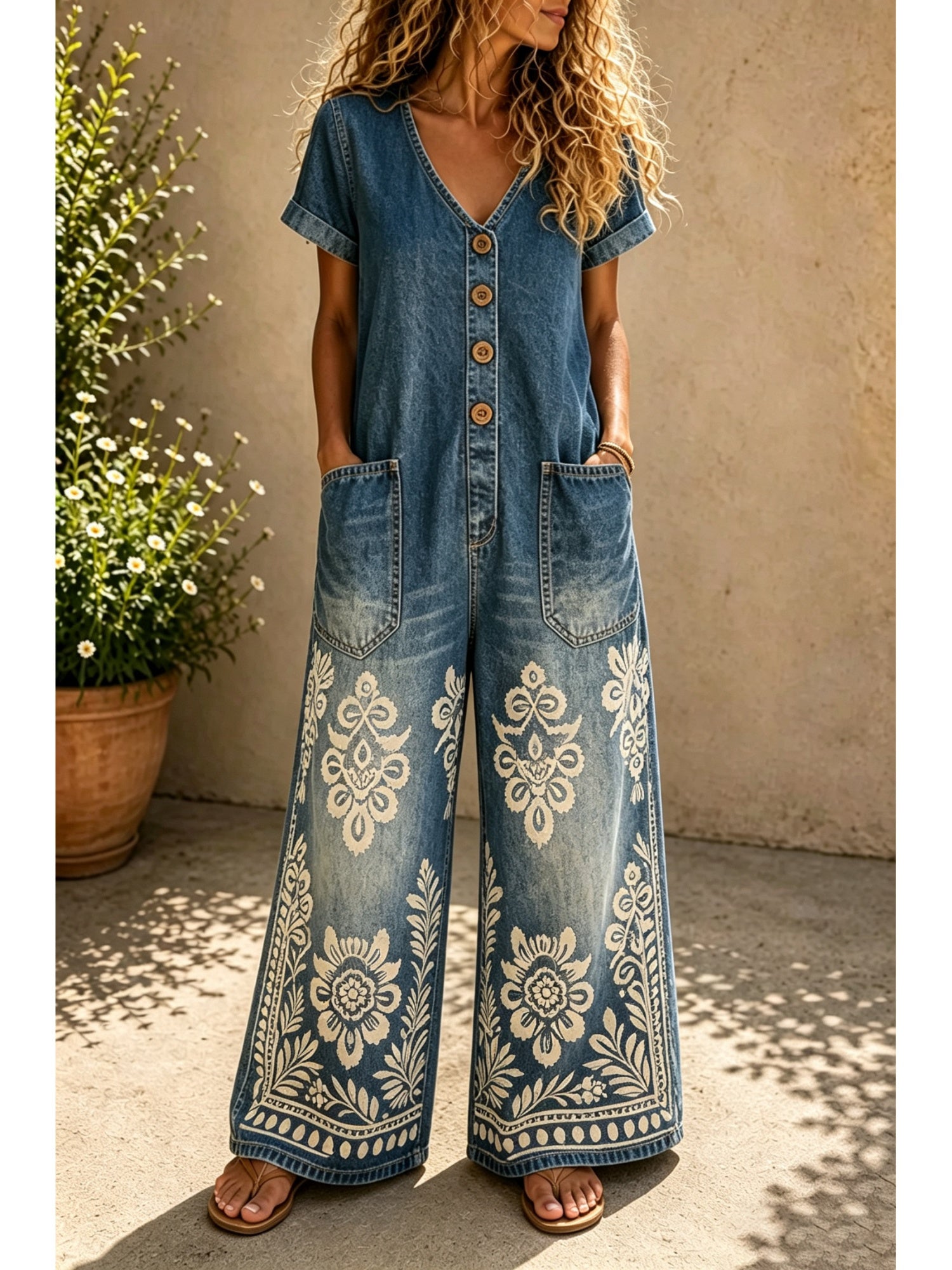 Casual Denim Wide-Leg Short Sleeve Jumpsuit with Pockets