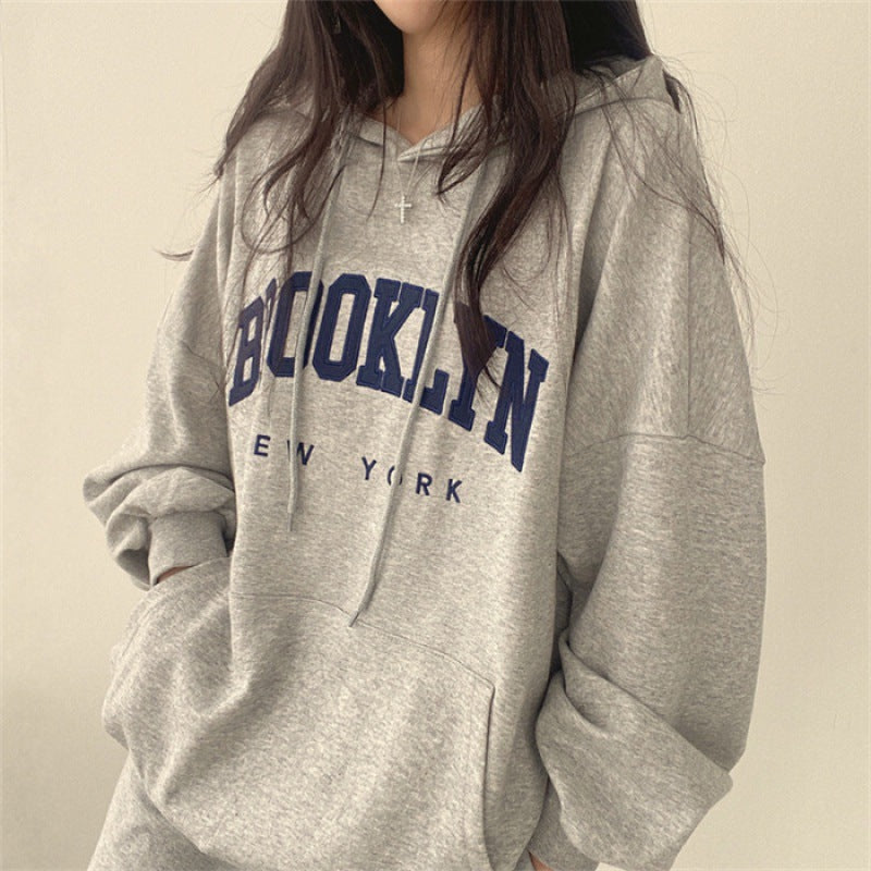 American Style Letter Print Fleece Pullover Hoodie