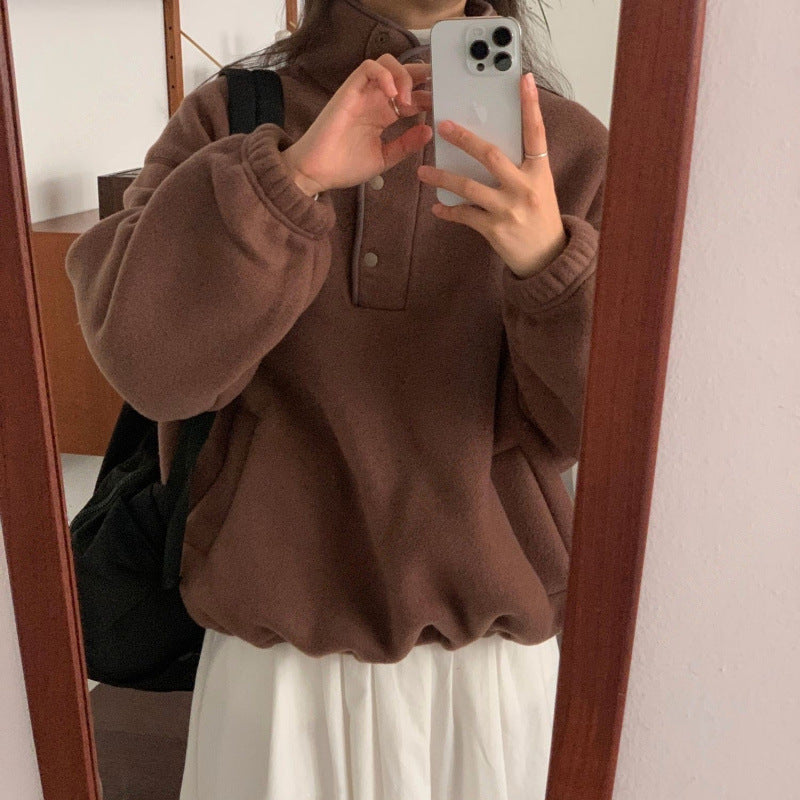 Cozy Stand Collar Fleece Pullover Sweater Top