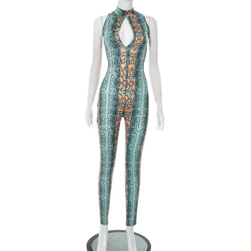 Printed Hollow-Out Zipper Jumpsuit