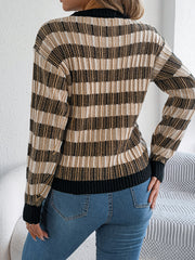 Women Round Neck Retro Stripe Lantern Sleeve Long Sleeve Pullover Sweater