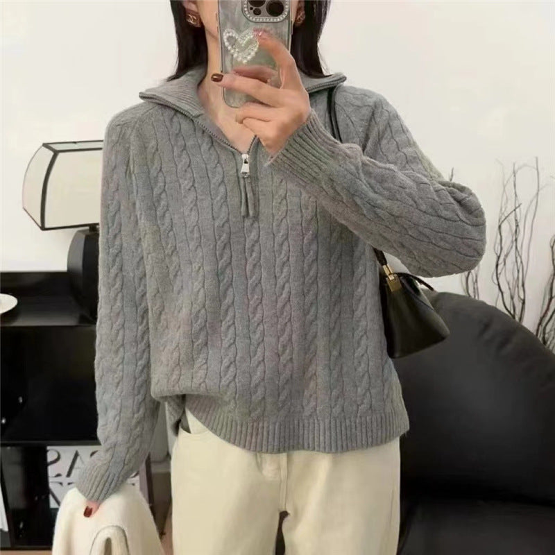 Thick Loose Outer Wear Half Turtleneck Lapel Cable-knit Sweater