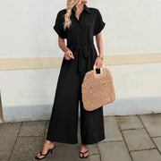 Women's Casual Polo Collar Wide-Leg Lace-Up Jumpsuit