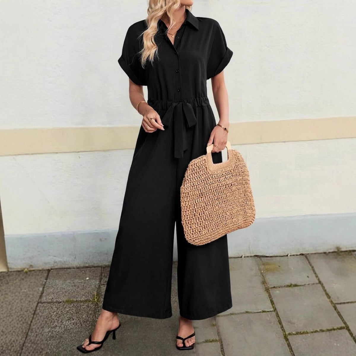 Women's Casual Polo Collar Wide-Leg Lace-Up Jumpsuit