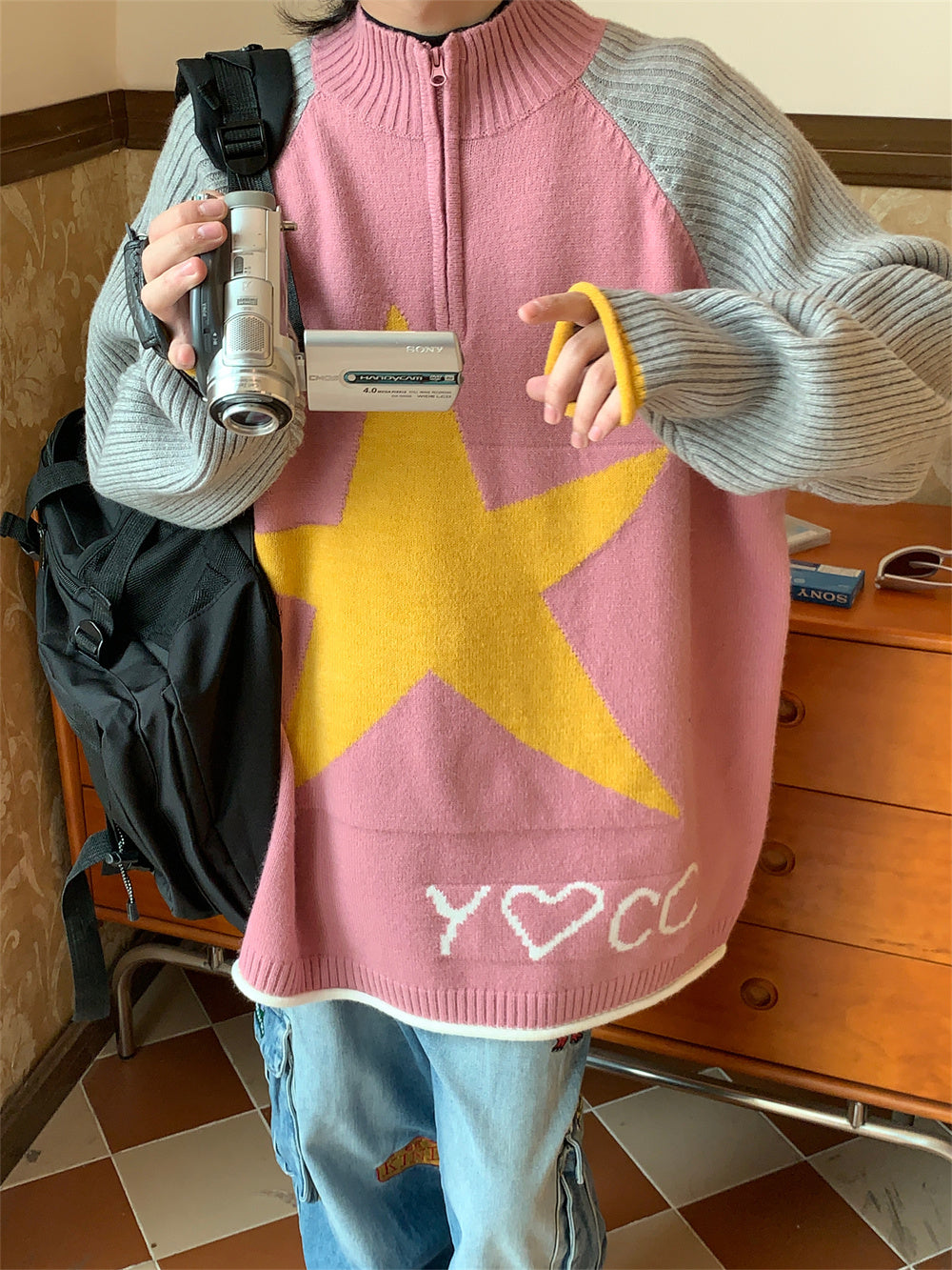 Retro Star Stand Collar Loose Knit Sweater Coat