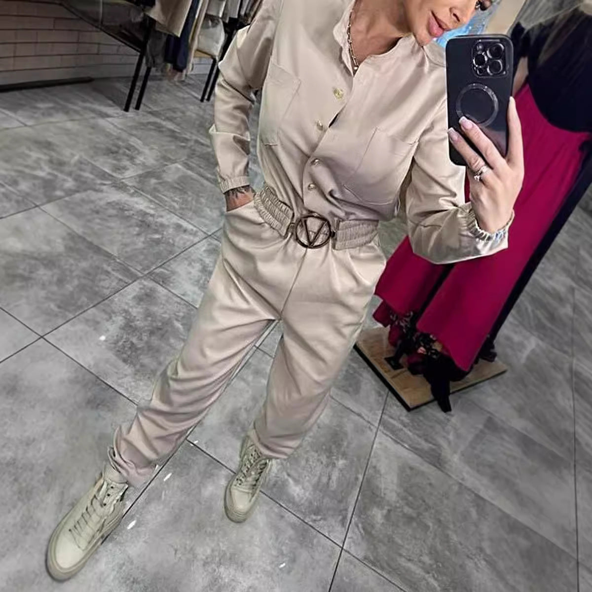 Women's Casual Long Sleeve Shirt Jumpsuit with Waist Control