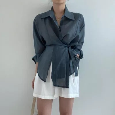 Irregular Buckle Lapel Long Sleeve Shirt Thin Simple Top