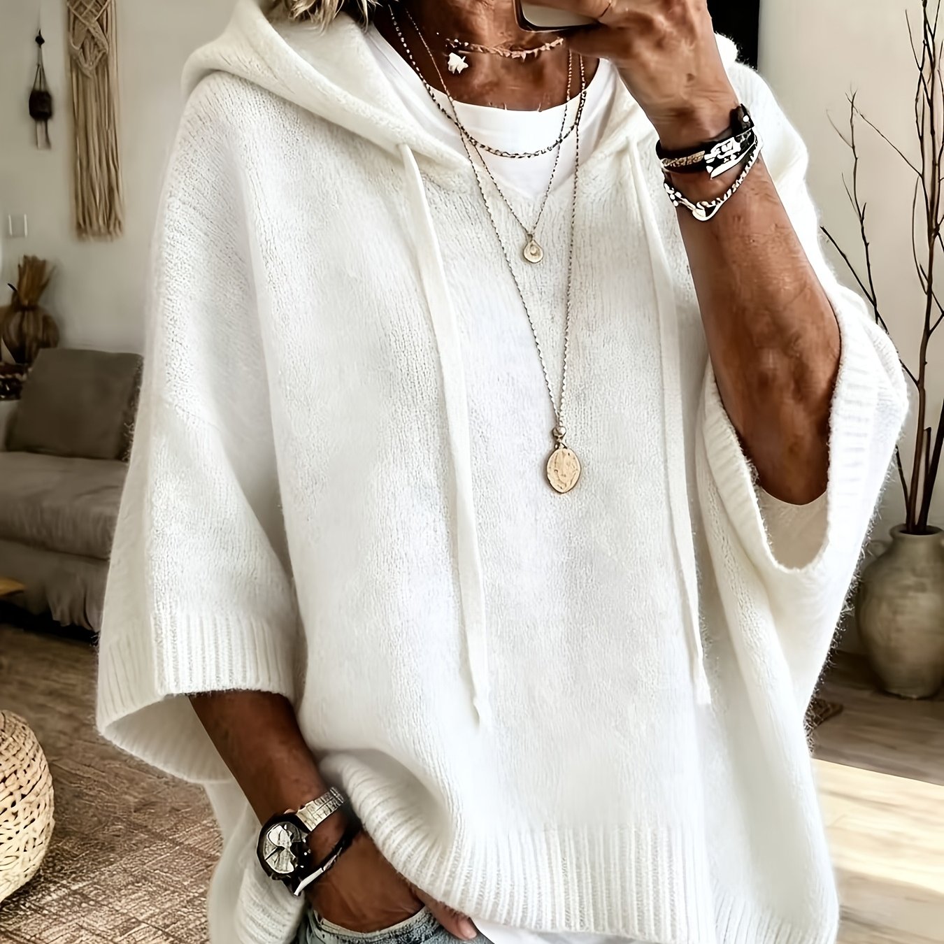 Plus Size Women's Casual Hooded Sweatshirt – Drawstring, Loose Fit for Spring and Autumn