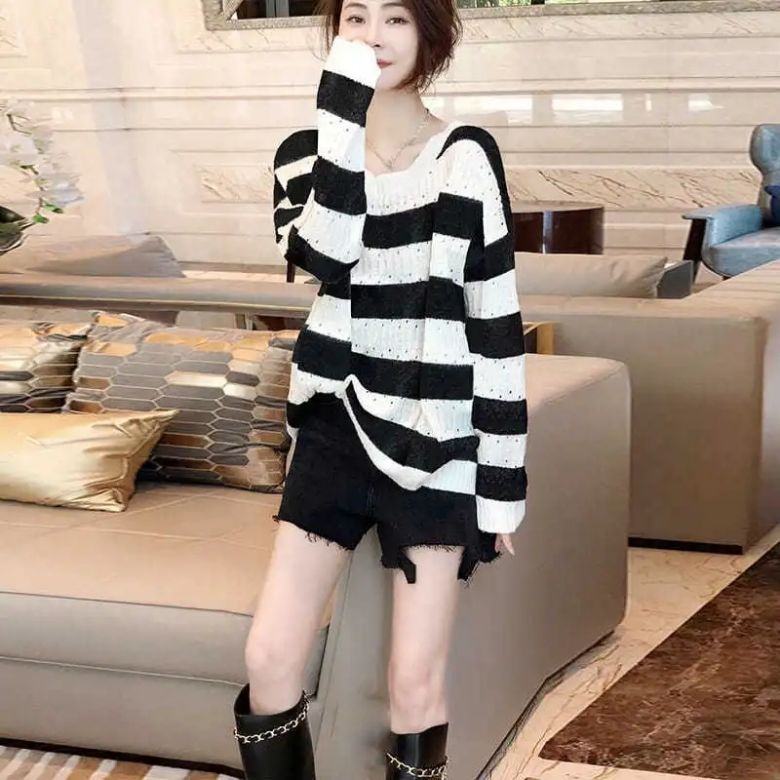 Lightweight Figure-flattering Striped Sweater for Plus-size Women This Summer