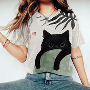 Cute Cat Pattern 3D Print Tee – Short Sleeve, Trendy Retro Style