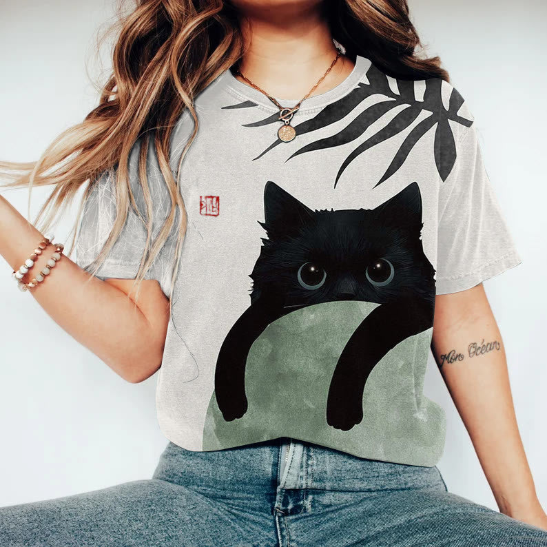 Cute Cat Pattern 3D Print Tee – Short Sleeve, Trendy Retro Style
