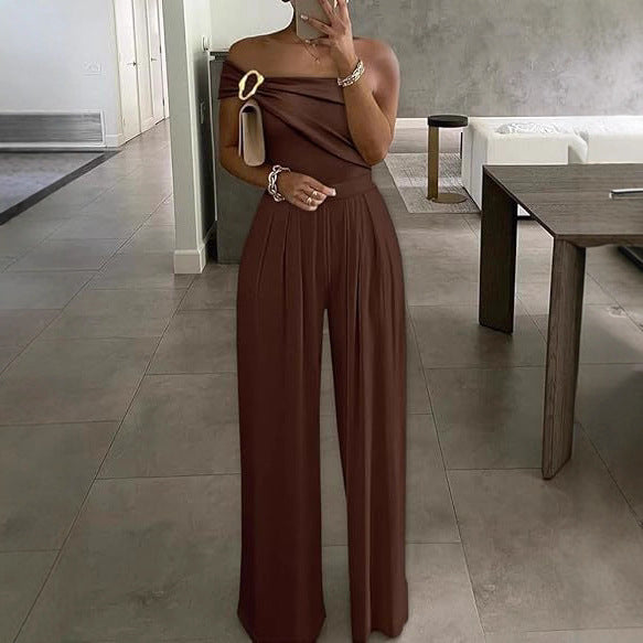 Metallic One-Shoulder Pleated Wide-Leg Jumpsuit