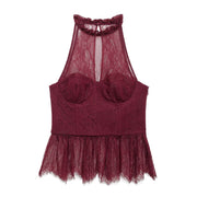 Elegant Lace Halter Neck Top – Flattering Slim Fit, Slight Stretch