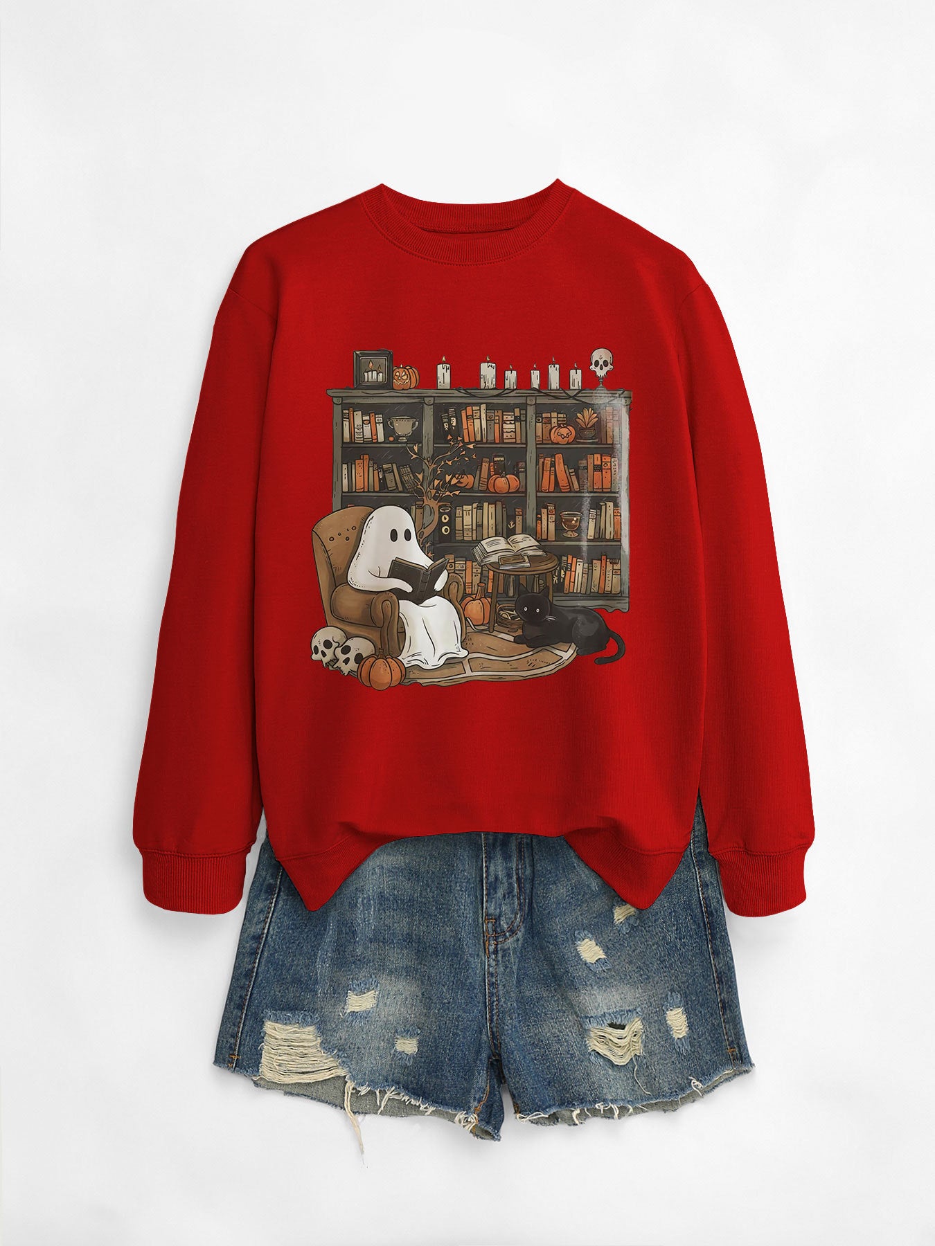 Cozy Black Cat Bookshelf Halloween Sweatshirt