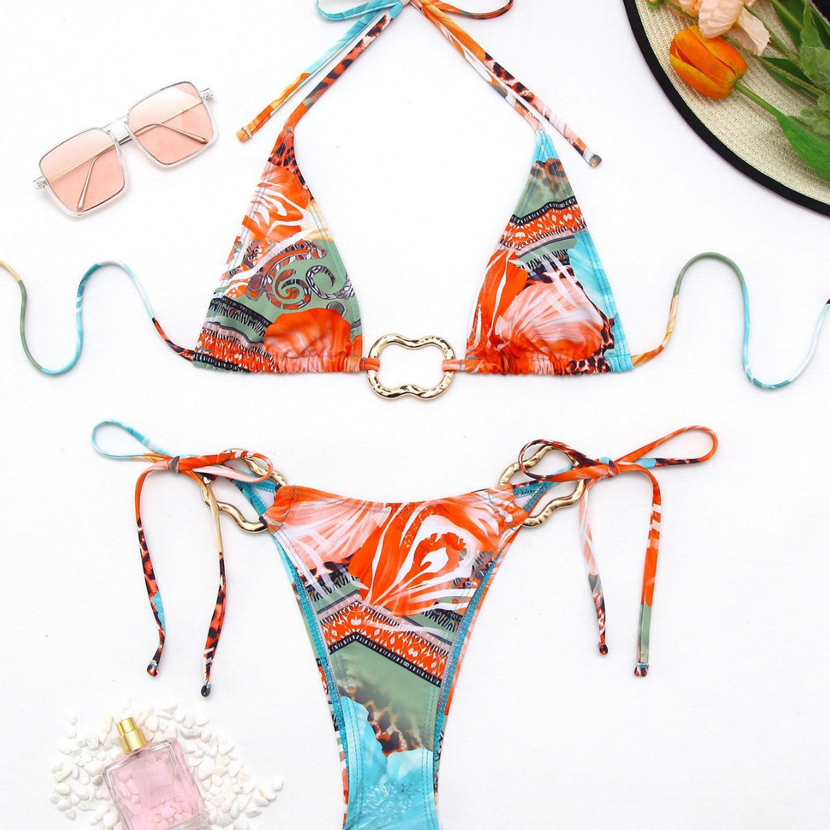 Floral Backless Halter Bikini Sexy Women's Swimsuit