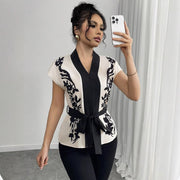 Elegant Apricot V-Neck Top with Print – Women’s Short‑Sleeve Shirt