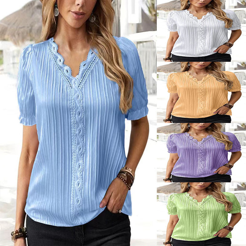 New V-neck Solid Color Lace Hollow-out Short-sleeve Shirt