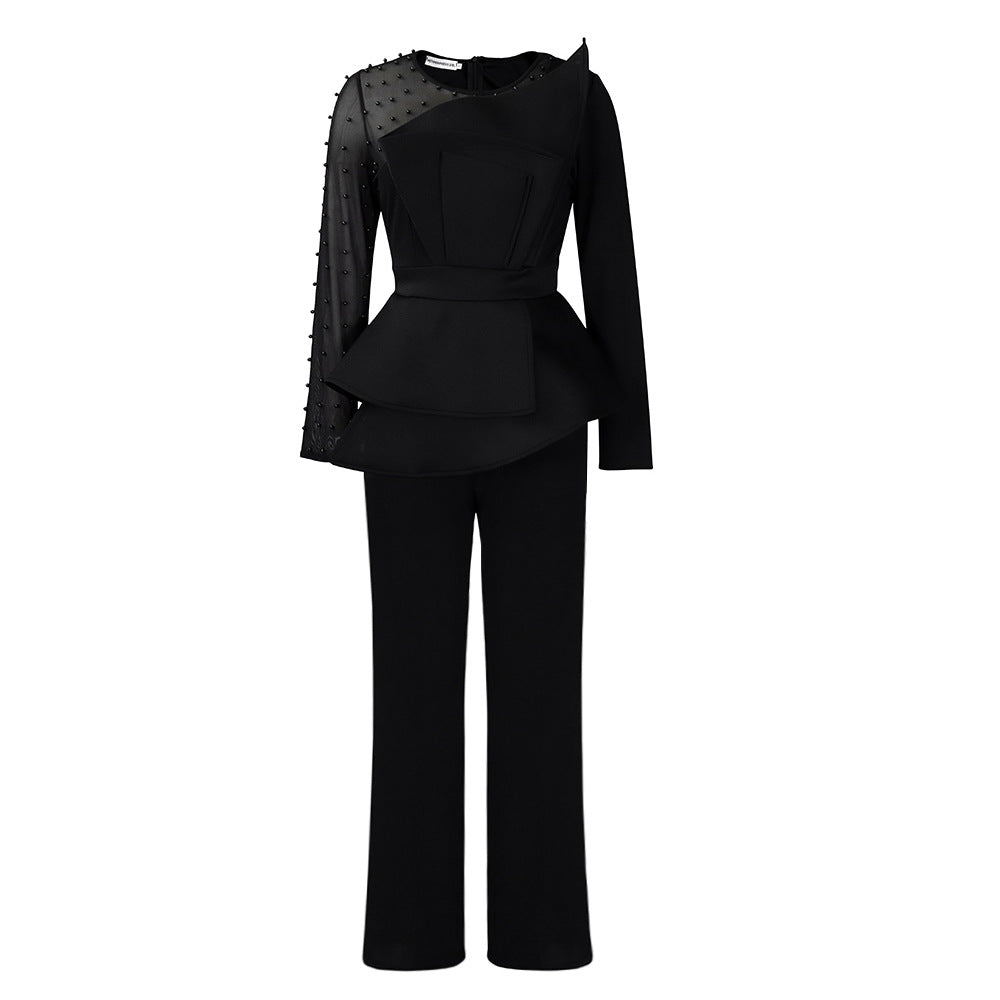 Plus Size Mesh Splicing Beaded Banquet Jumpsuit