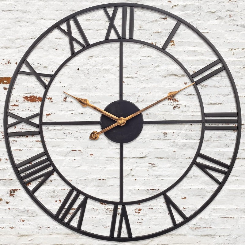 16 Inch Large Outdoor Wall Clock - Black Metal Modern Minimalist Modern Design, Golden Hands & Roman Numerals, Battery Operated Silent Quartz Movement, Easy-to-Read Large for Patio, Garden, Living Room, Office - Durable