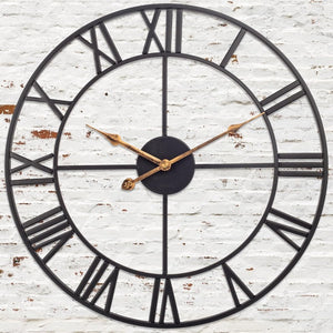 16 Inch Large Outdoor Wall Clock - Black Metal Modern Minimalist Modern Design, Golden Hands & Roman Numerals, Battery Operated Silent Quartz Movement, Easy-to-Read Large for Patio, Garden, Living Room, Office - Durable