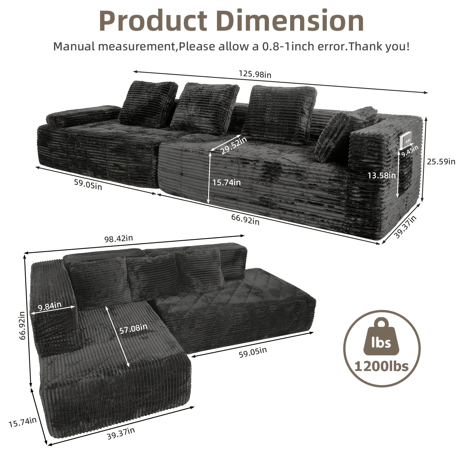 Left chaise L-shaped sectional sofa with memory foam cushions and corduroy upholstery