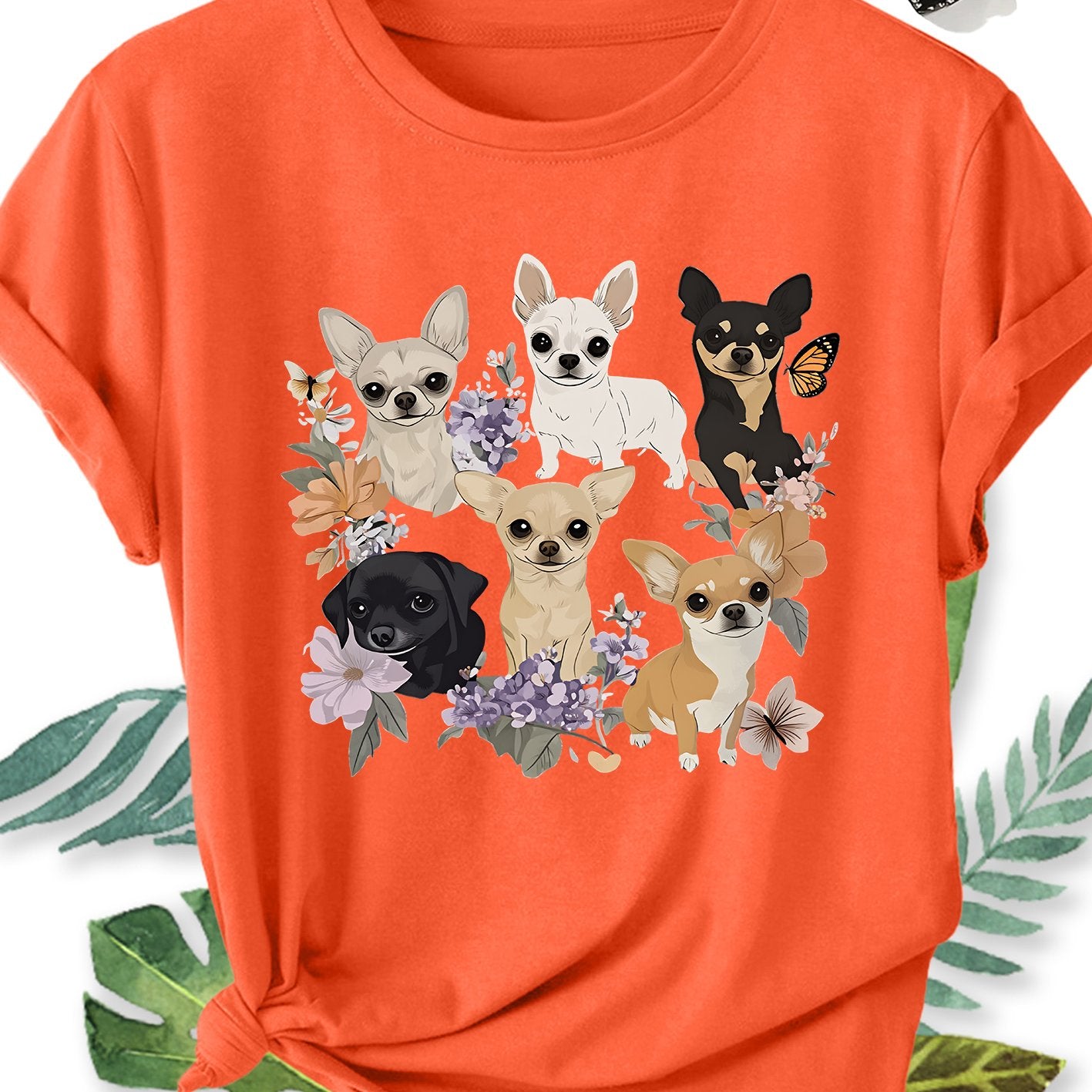 Ladies' Plus Size Short Sleeve T-Shirt with Chihuahua Dog Floral Print, Crew Neck
