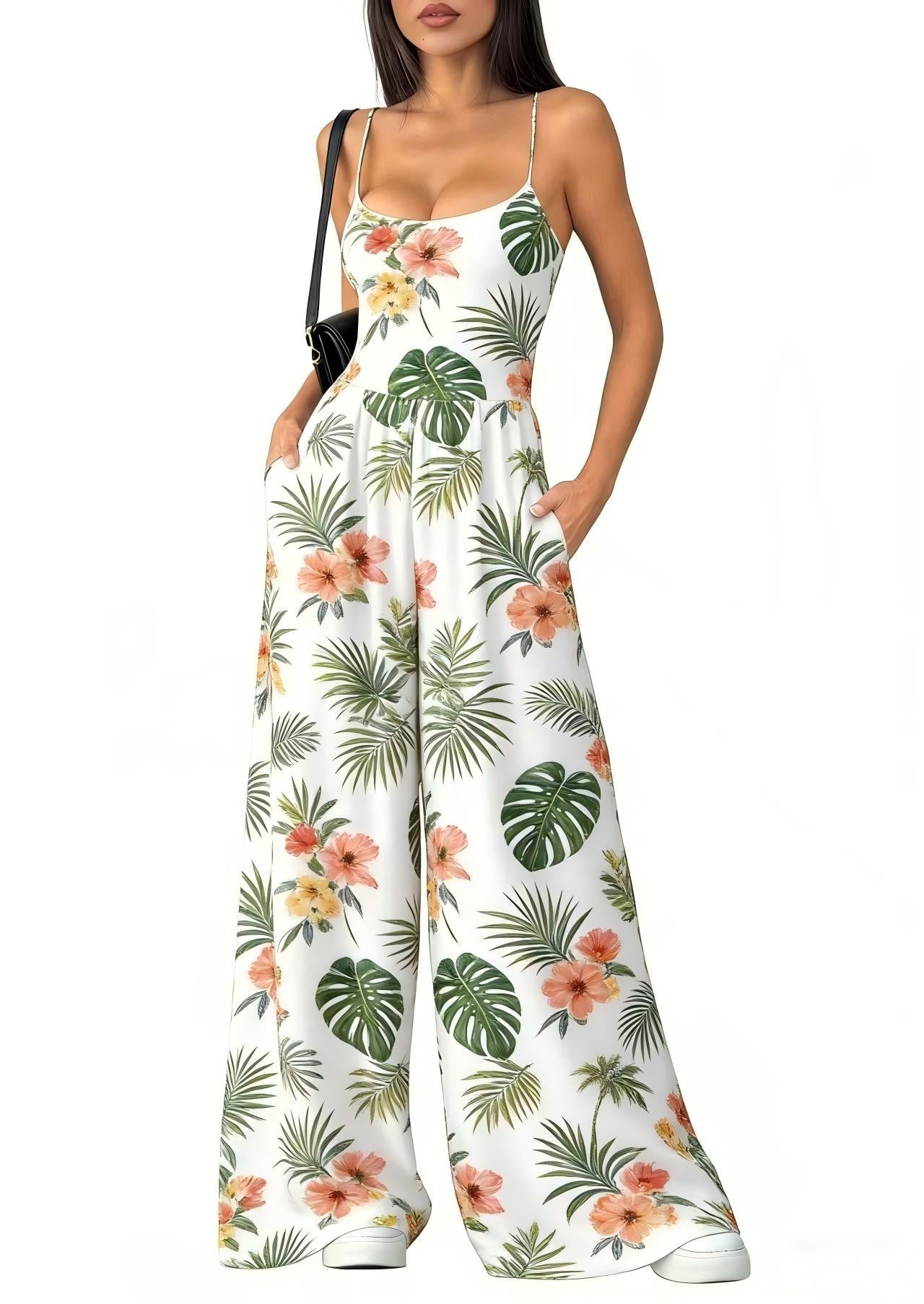 Women's Backless Strappy Printed Wide-Leg Jumpsuit