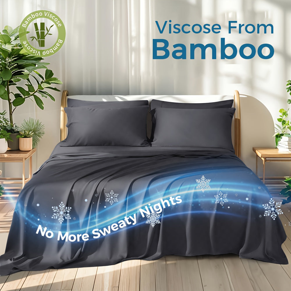 100% Viscose Derived From Bamboo Sheets Queen Size - Ultra Soft & Luxuriously Cooling, 17\" Deep Pocket, Double Stitching, Perfect For Hot Sleepers - Queen Bed Sheets