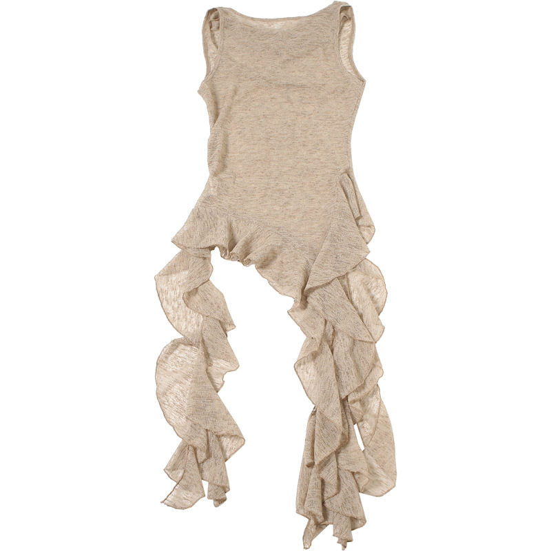 Ruffled Neckline Asymmetrical Ruffle-trimmed Strap Vest