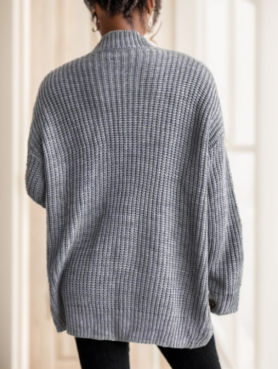Chiquease Solid Dual Pockets Ribbed Knit Cardigan,long Sleeve Tops
