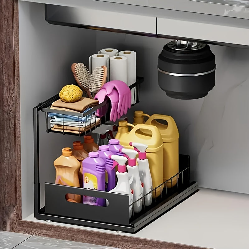 Heavy-Duty Carbon Under Sink Organizer - 2-Tier Slide-Out Cabinet Storage Shelf with Pull-Out Shelves, Adjustable Space-Saving Design for Kitchen & Bathroom Cabinets, Black Powder-Coated (Fits Toil...