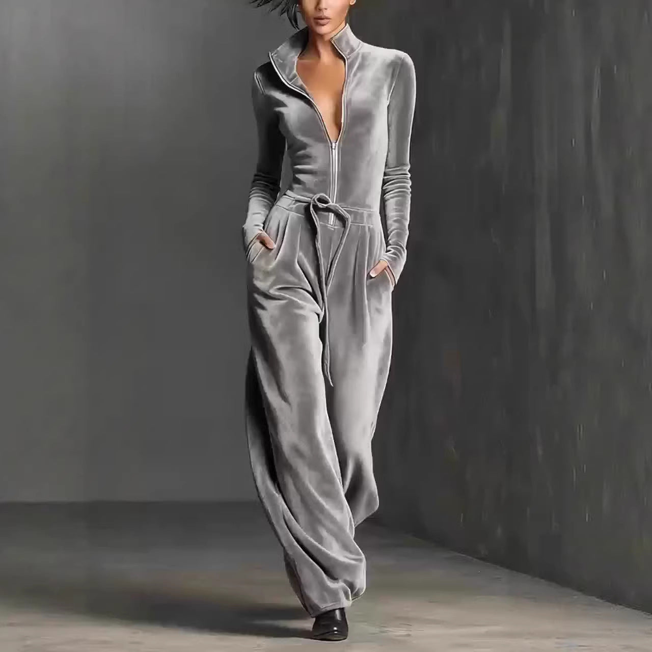 Womens Fashionable Sporty Casual Solid-Color Long-Sleeve Zippered Slim-Fit Jumpsuit