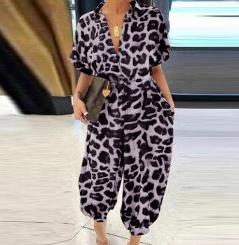 Retro Women's Short-Sleeve Casual Button Jumpsuit