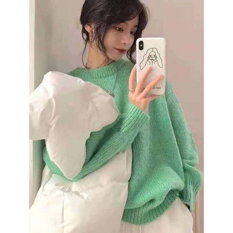 Solid-color Knitted Pullover Sweater for Women Korean Style Autumn Winter